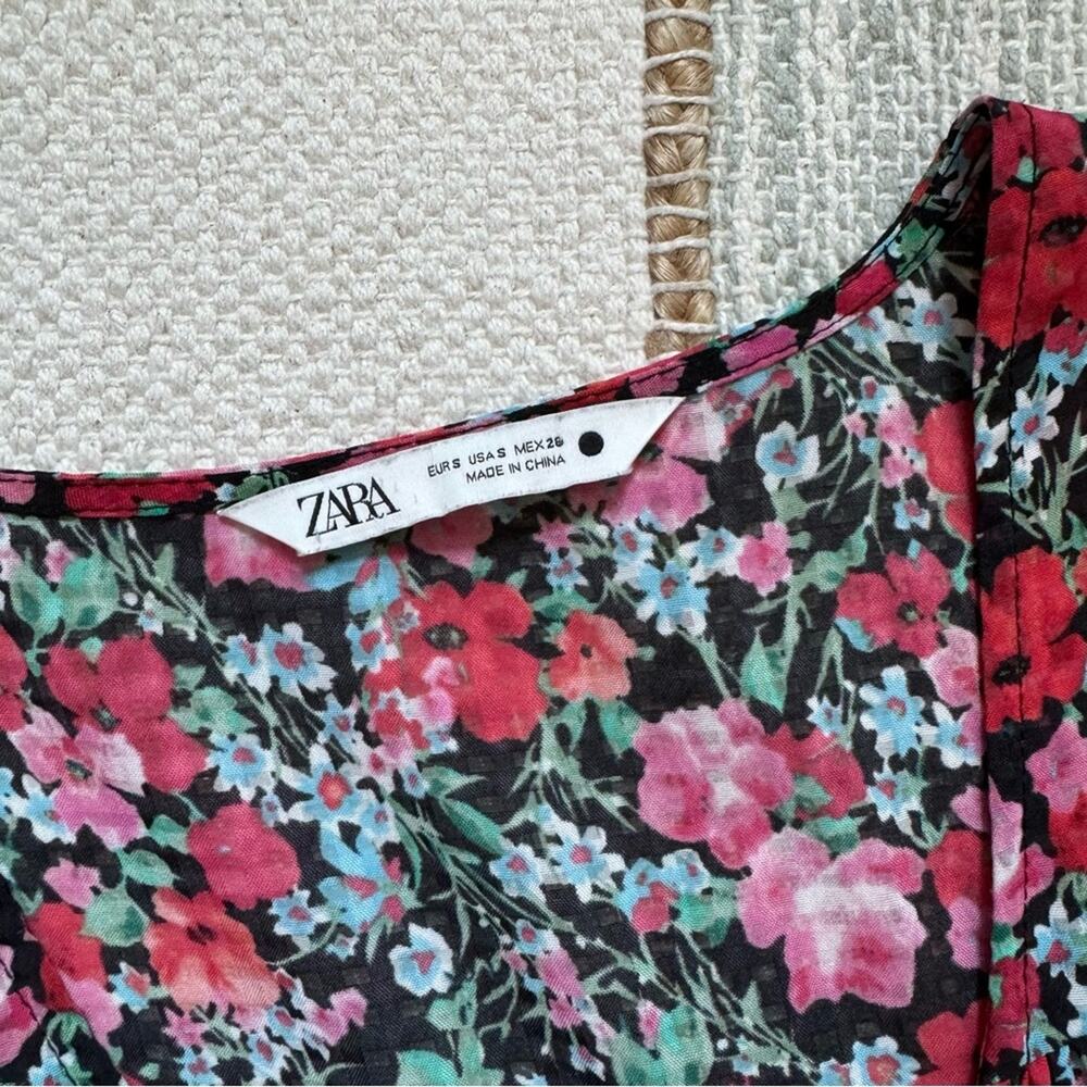 Zara Red Pink Black Green Floral Long Balloon Sleeves Midi Dress Women’s Small - Picture 9 of 12